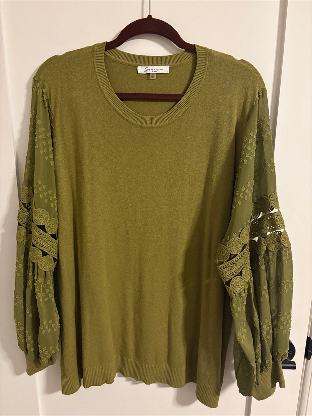 Sioni Olive Lace-Trim Balloon Sleeve Sweater Top. 2X women’s plus.